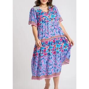 Umgee Size 1XL Dress Boho Blue Pink Floral Peasant Split Neck Rayon